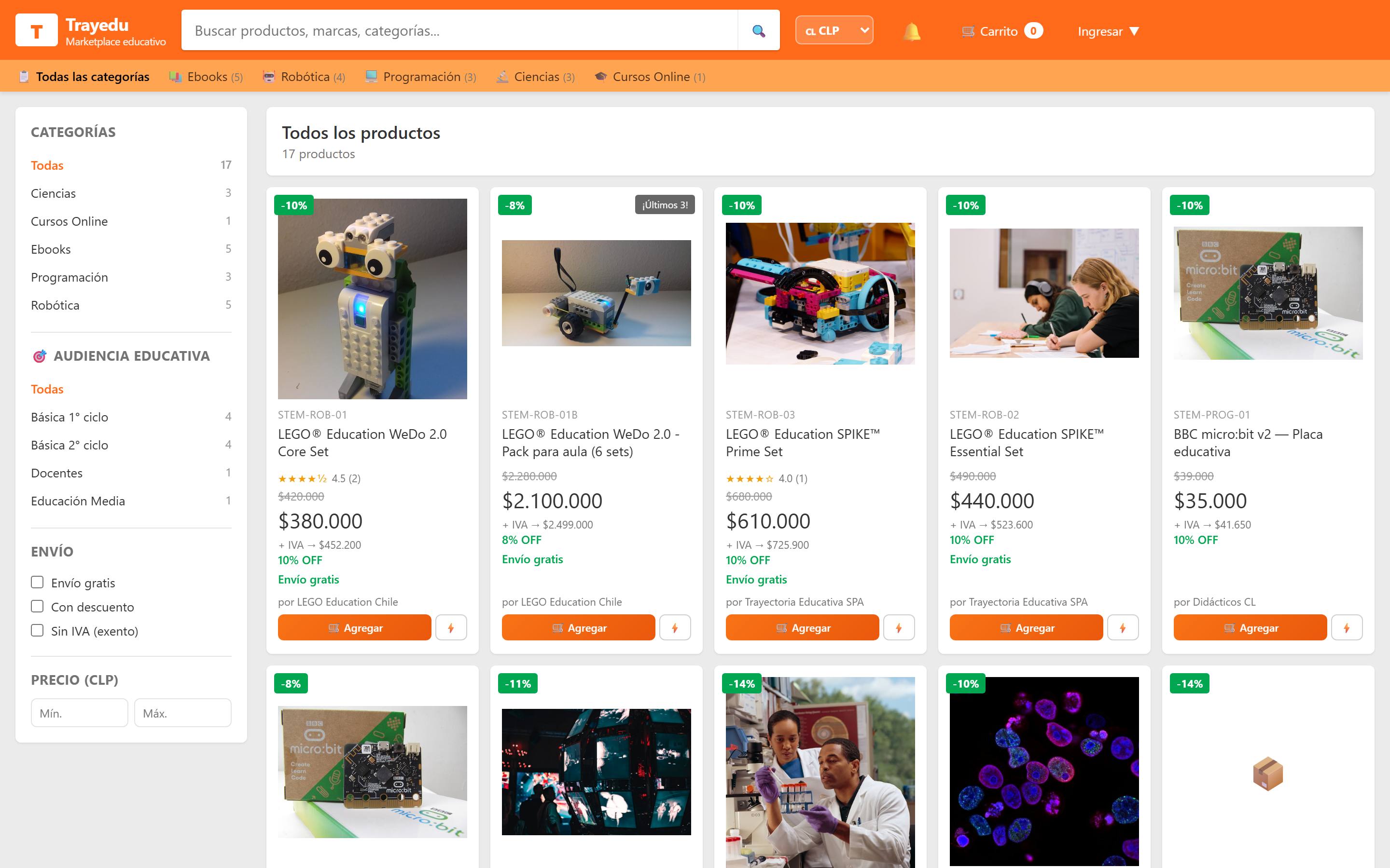 Trayedu Market: catálogo de productos educativos STEM con categorías, precios y carrito